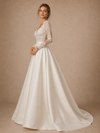 ChicSew Classy Elegant V-Neck Long Sleeves A-Line Lace Satin Floor-Length Wedding Dress