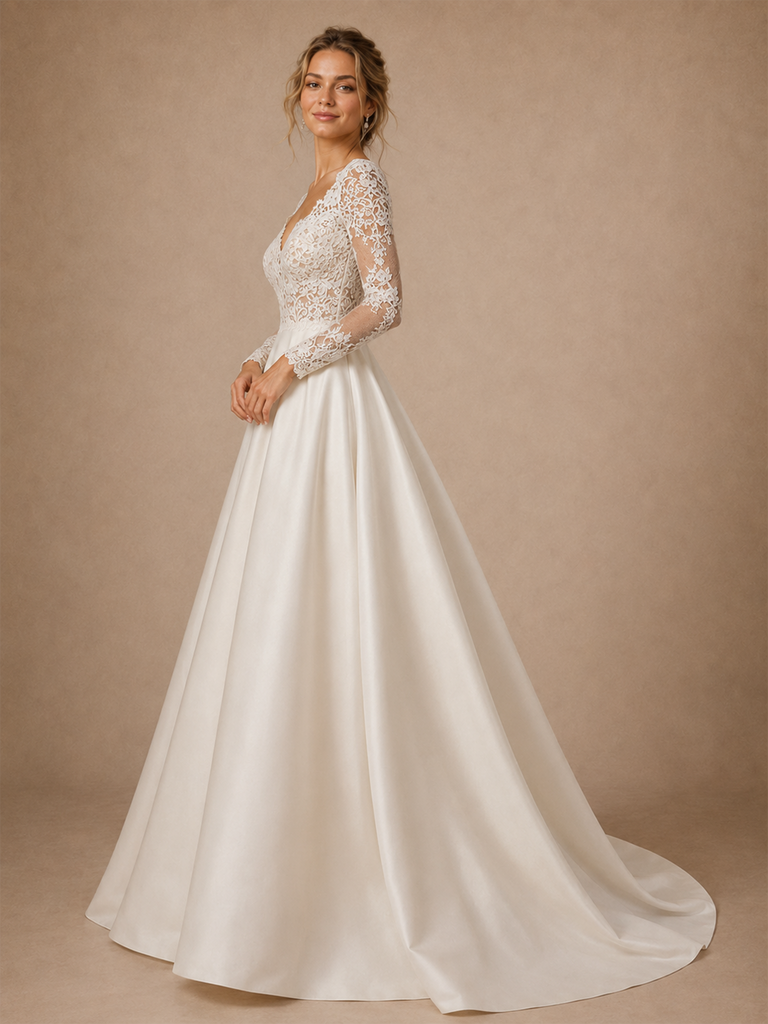 ChicSew Classy Elegant V-Neck Long Sleeves A-Line Lace Satin Floor-Length Wedding Dress