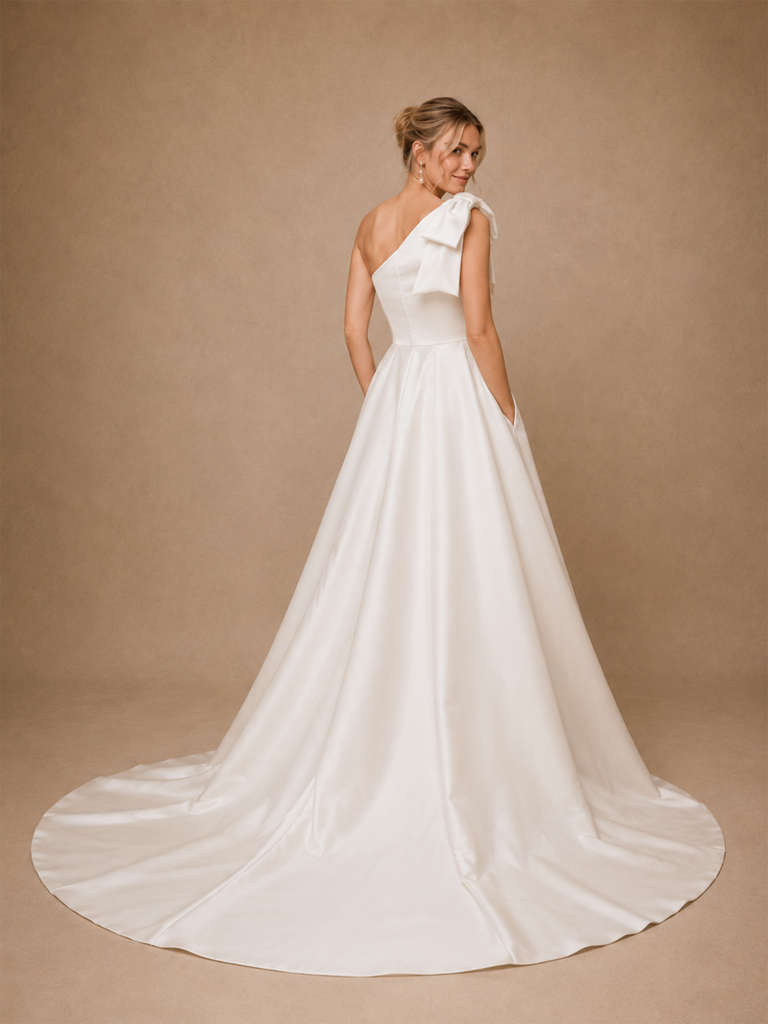 ChicSew Classy One Shoulder Bow Knot Satin A-Line Maxi Long Wedding Dress