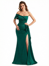 Sexy Asymmetrical One Shoulder Mermaid Soft Satin Long Formal Dresses Side Slit