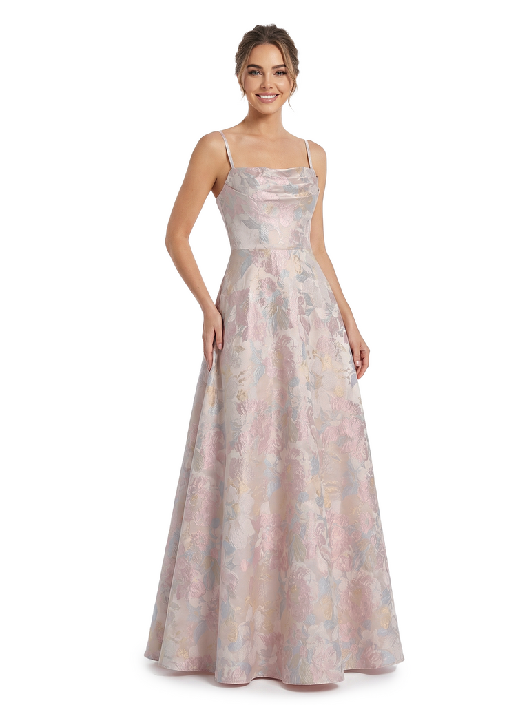 ChicSew Elegant Jacquard Satin Spaghetti Straps A-Line Maxi Long Evening Party Dresses