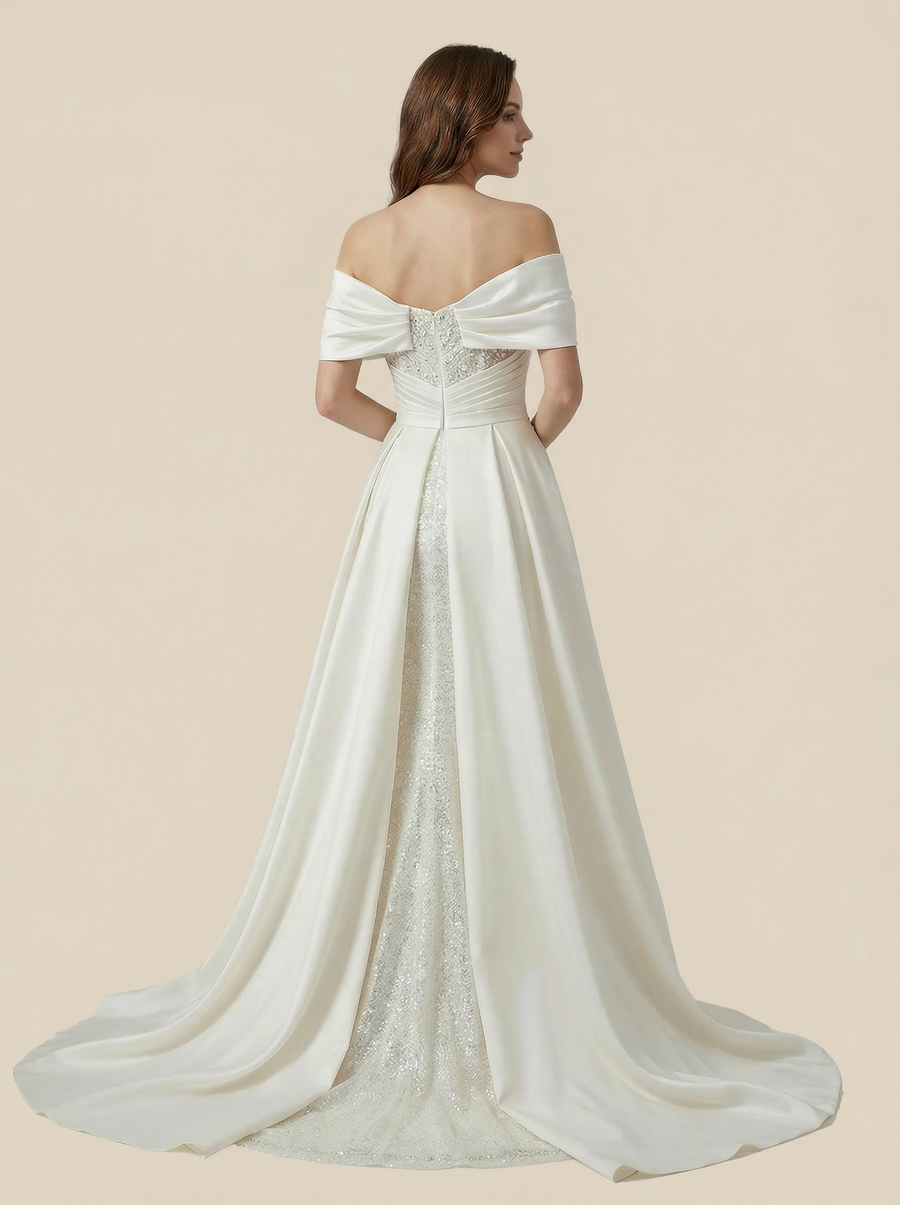 Mermaid Off Shoulder V-neck Maxi Long Satin And Sequin Wedding Dresses Online