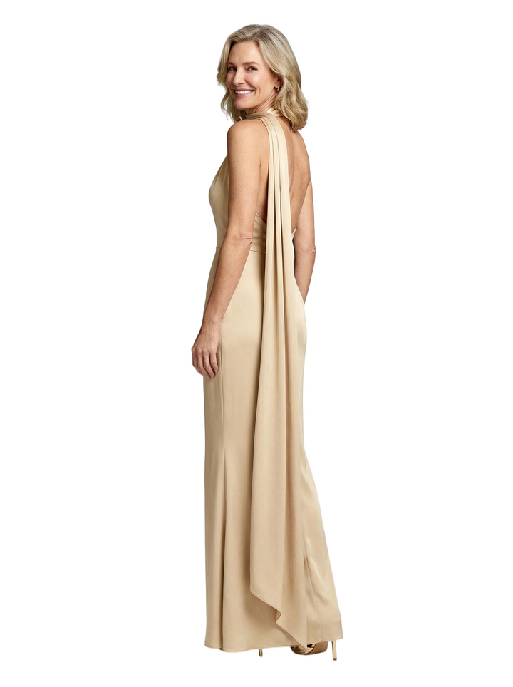 Halter Neck Satin Mother Of The Bride Dress Sheath Maxi Gown With Open Back Cape Chic Formal Wedding Attire