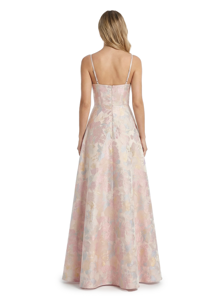 ChicSew Elegant Jacquard Satin Spaghetti Straps A-Line Maxi Long Evening Party Dresses