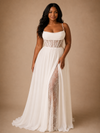 ChicSew Classy Spaghetti Straps Lace Applique Chiffon Side Slit A-Line Long Wedding Dress With Pleats