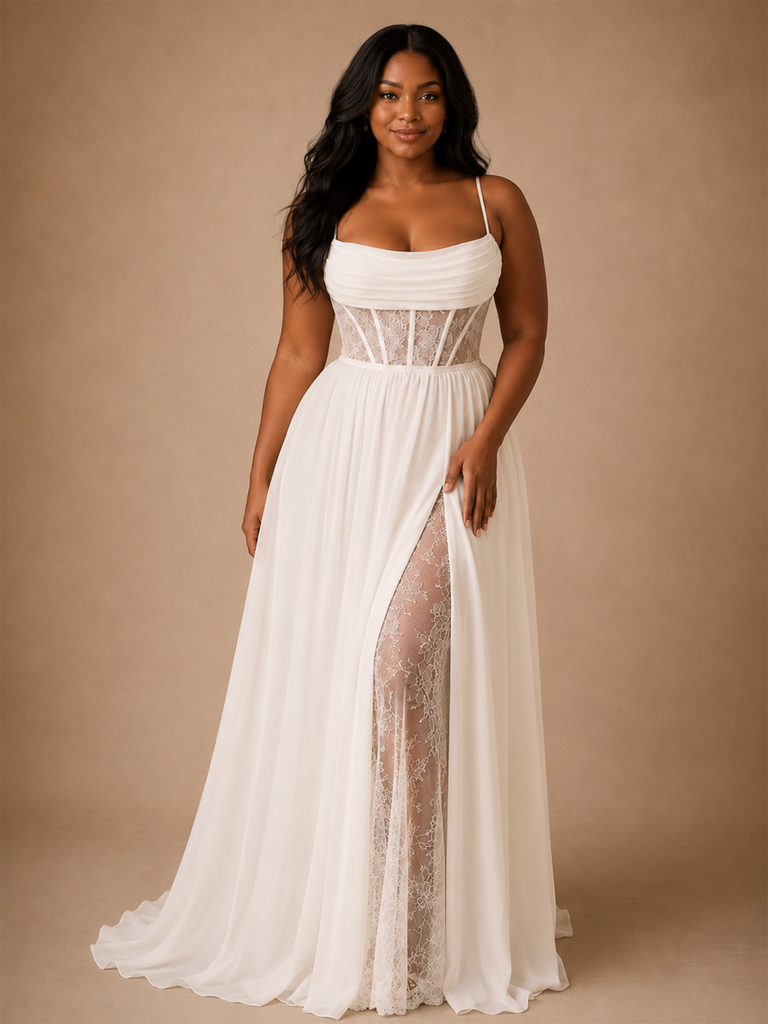 ChicSew Classy Spaghetti Straps Lace Applique Chiffon Side Slit A-Line Long Wedding Dress With Pleats