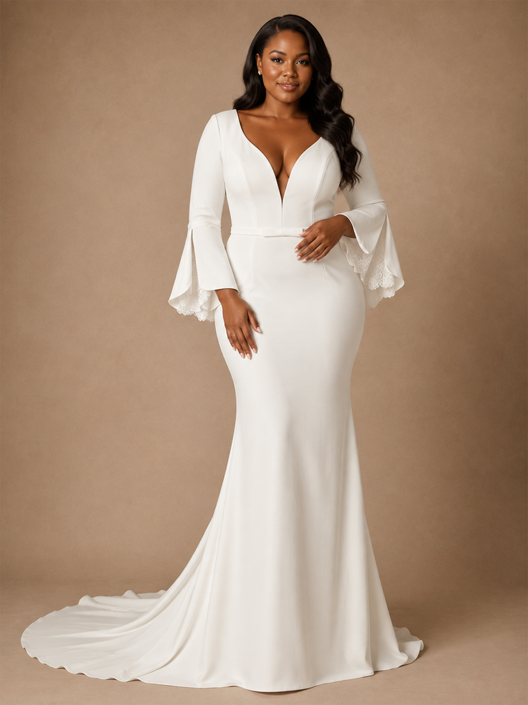 ChicSew Sexy V-Neck Mermaid Crepe Long Flutter Sleeves Maxi Wedding Dress