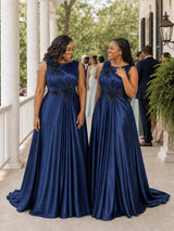 ChicSew Elegant Bateau A-Line Beading Soft Satin Long Bridesmaid Dresses With Appliques