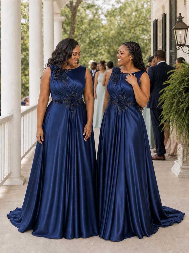 ChicSew Elegant Bateau A-Line Beading Soft Satin Long Bridesmaid Dresses With Appliques