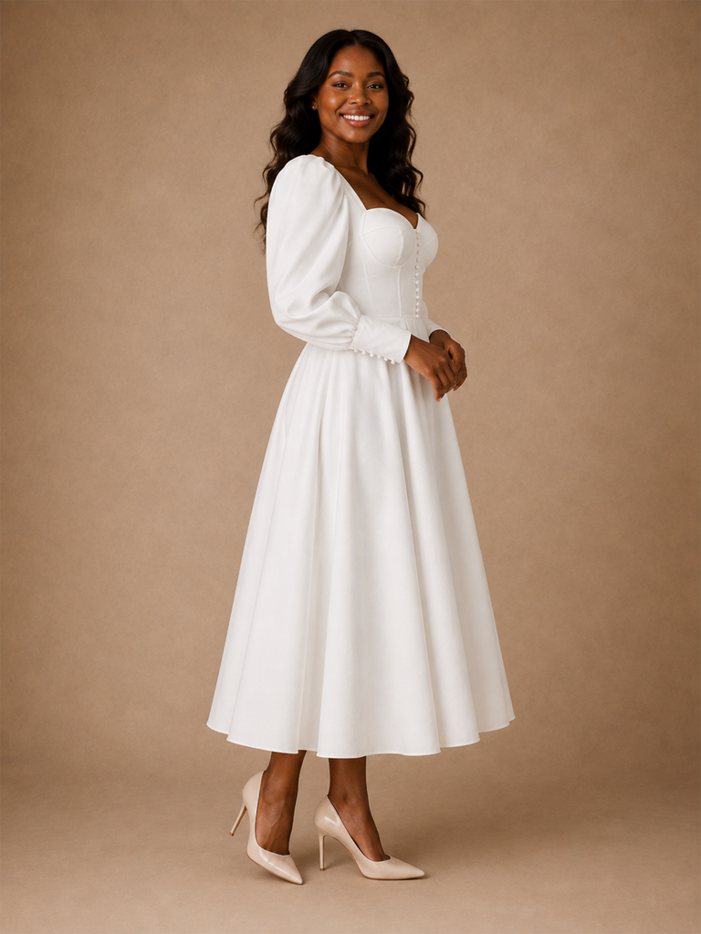 ChicSew Crepe Long Sleeves A-Line Ankle-Length Wedding Dress With Button