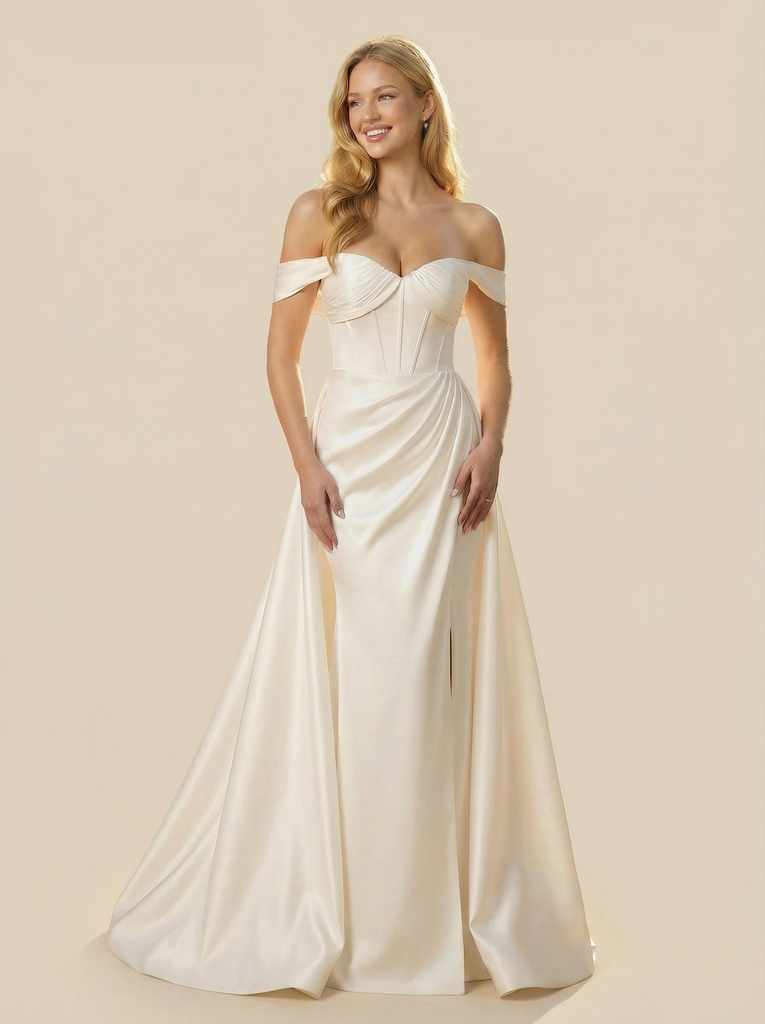 Mermaid Off Shoulder Boning Maxi Long Satin Wedding Dresses Online