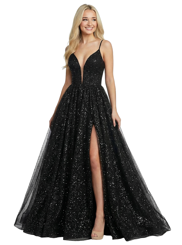 Chicsew A Line Formal Dress Sparkly V-Neck Spaghetti Straps Side Split Sequin Tulle Floor-Length A-Line Prom Dress, Custom Color(Leaving A note) Chicsew A Line Formal Dress Sparkly V-Neck Spaghetti Straps Side Split Sequin Tulle Floor-Length A-Line Prom Dress, Custom Color(Leaving A note)