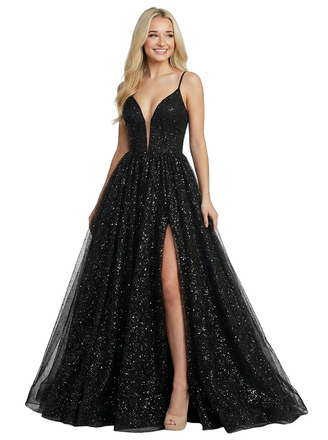 Sparkly V-Neck Spaghetti Straps Side Slit Sequin Tulle Floor-Length A-Line Prom Dress