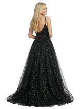 Sparkly V-Neck Spaghetti Straps Side Slit Sequin Tulle Floor-Length A-Line Prom Dress