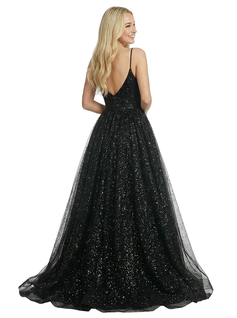 Sparkly V-Neck Spaghetti Straps Side Slit Sequin Tulle Floor-Length A-Line Prom Dress