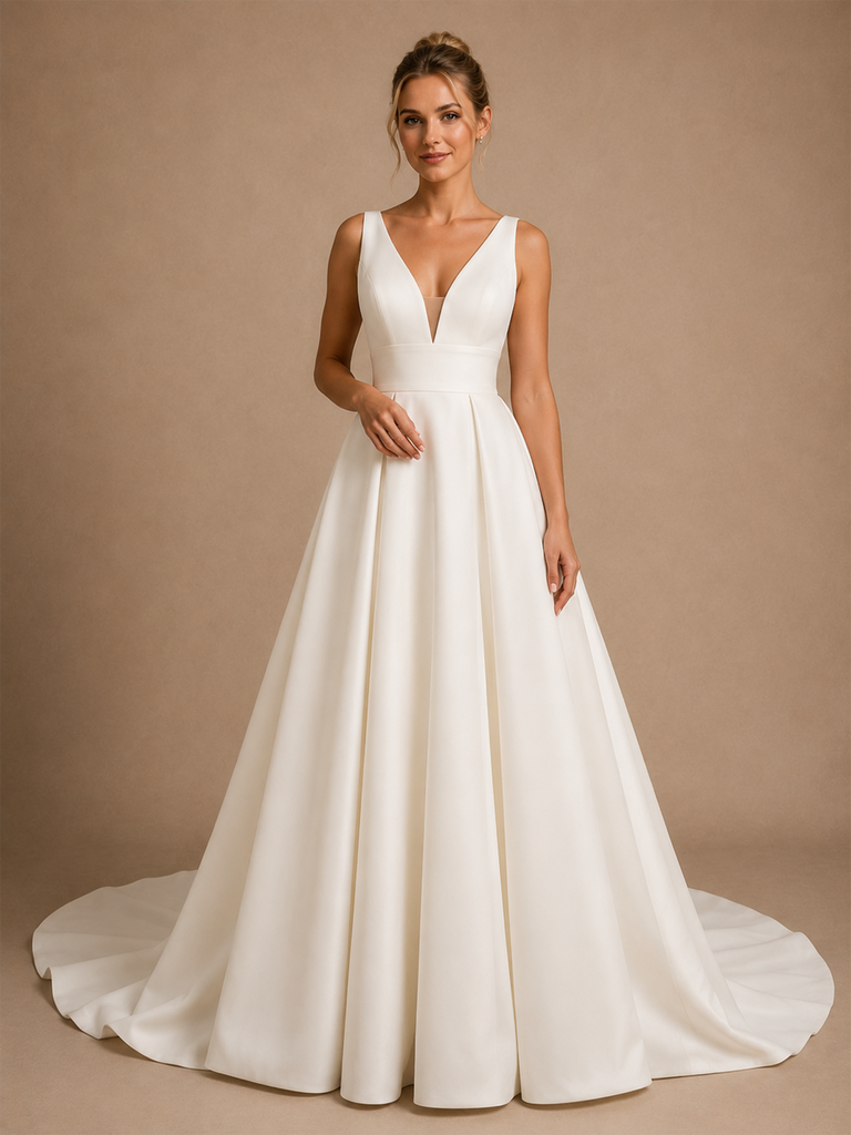 ChicSew Classy Elegant V-Neck Sleeveless Satin A-Line Maxi Long Wedding Dress