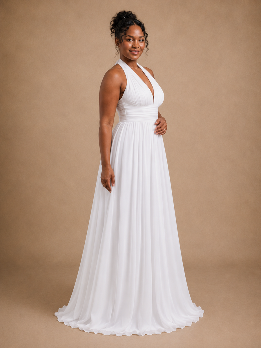 ChicSew Fancy Halter Sleeveless Pleats Chiffon A-Line Long Wedding Dress
