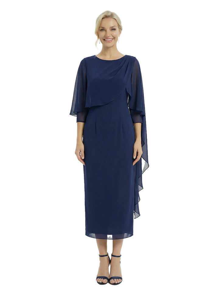 Fancy Boat Neck Tea-Length 3/4 Sleeves Sheath Mother of The Bride Chiffon Gown