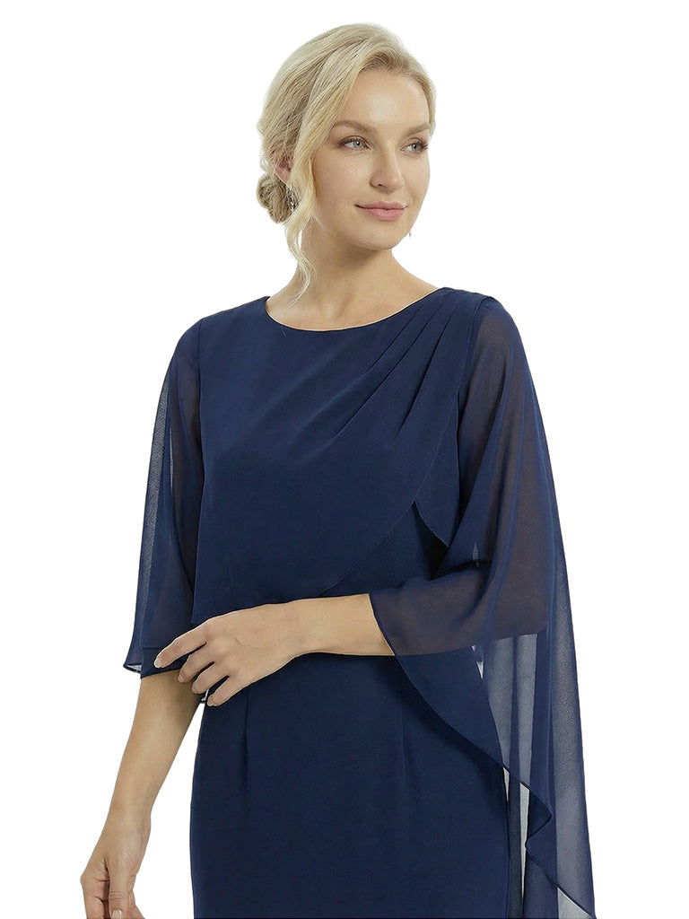 Fancy Boat Neck Tea-Length 3/4 Sleeves Sheath Mother of The Bride Chiffon Gown