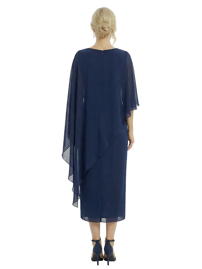 Fancy Boat Neck Tea-Length 3/4 Sleeves Sheath Mother of The Bride Chiffon Gown