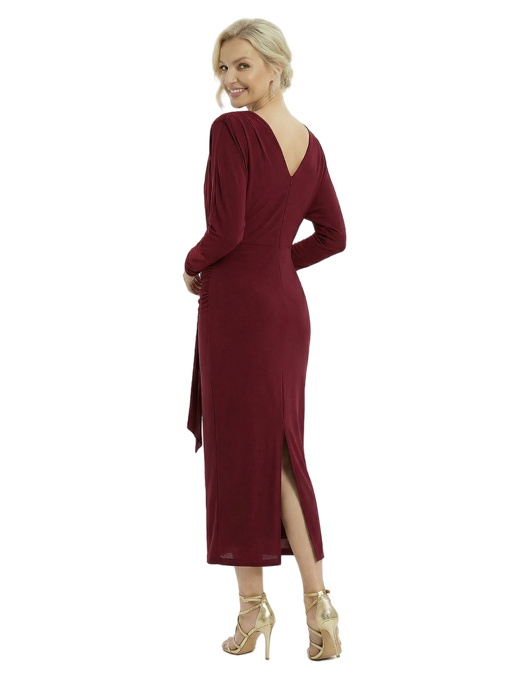 Sophisticated V-Neck Long Sleeves Ruched Chiffon Ankle-Length Sheath Mother Of The Groom Evening Dress