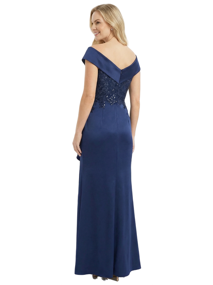 Sexy V-Neck Off The Shoulder Satin Side Slit Mermaid Lace Mother Of The Bride Dress