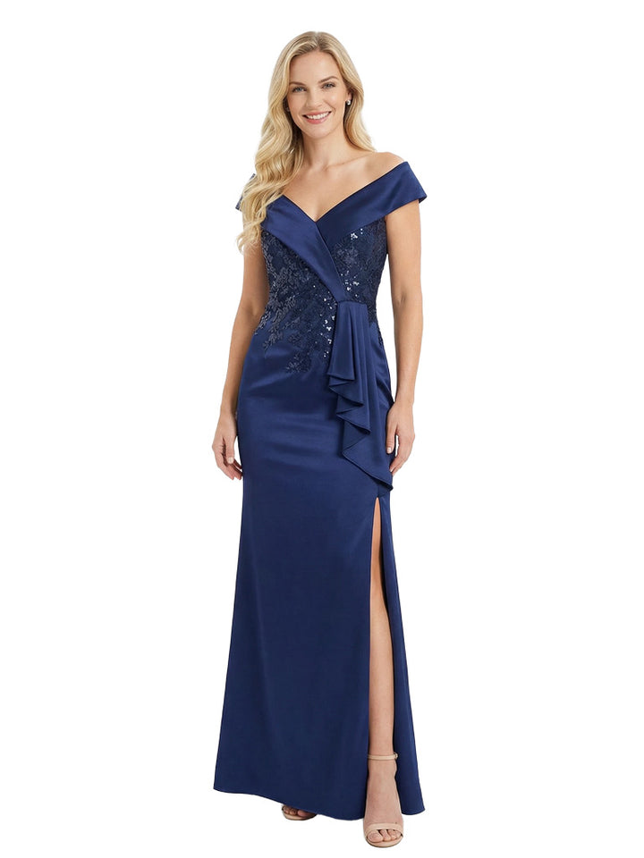 Sexy V-Neck Off The Shoulder Satin Side Slit Mermaid Lace Mother Of The Bride Dress