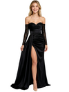Modern Sweetheart Off Shoulder Long Sleeve High Side Slit Ruched Satin Mermaid Prom Dress