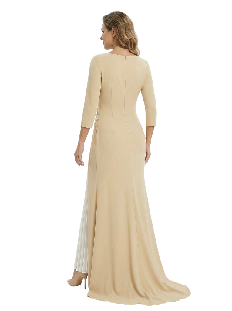 Chicsew Mother of The Groom Dress Elegant Crew Scoop 3/4 Sleeve Crepe Maxi Gown Pleated Detail Classy Look