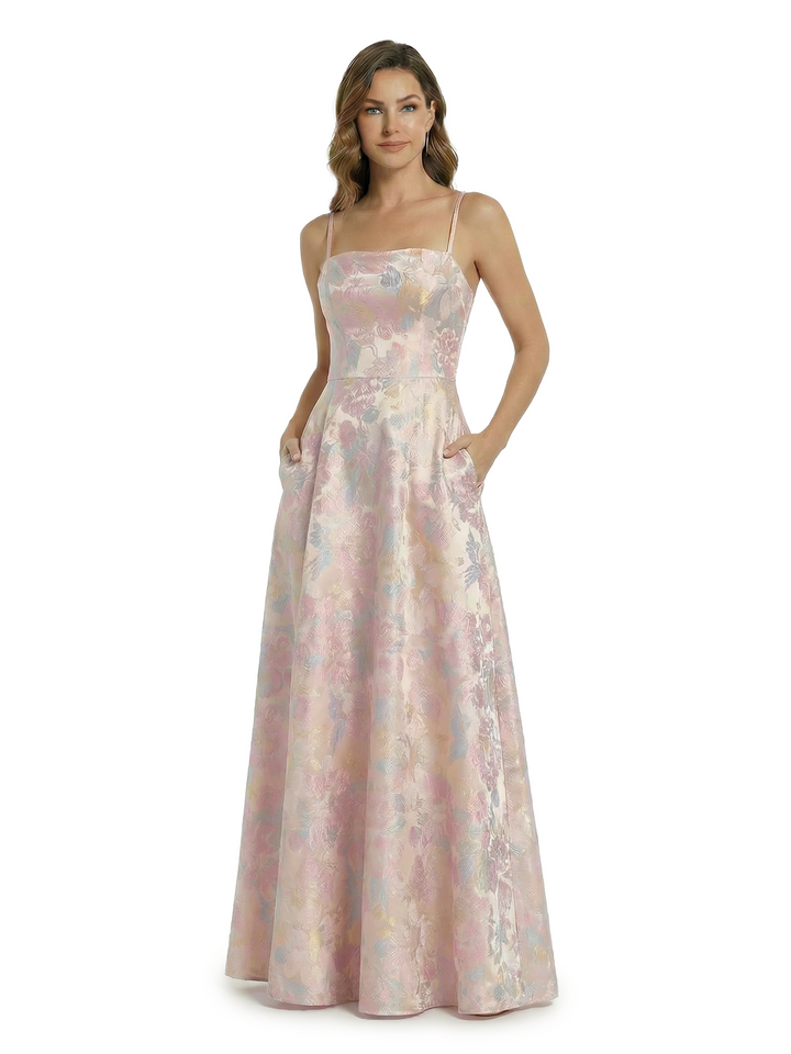 ChicSew Elegant Jacquard Satin A-Line Spaghetti Straps Maxi Evening Formal Dresses