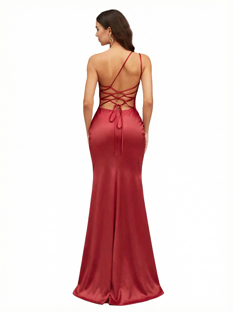 Ladies One Shoulder Silky Satin Criss Cross Mermaid Long Formal Evening Gowns Side Slit