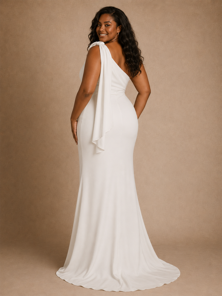 ChicSew Elegant Crepe One Shoulder Mermaid Floor-Length Wedding Dress With Bow