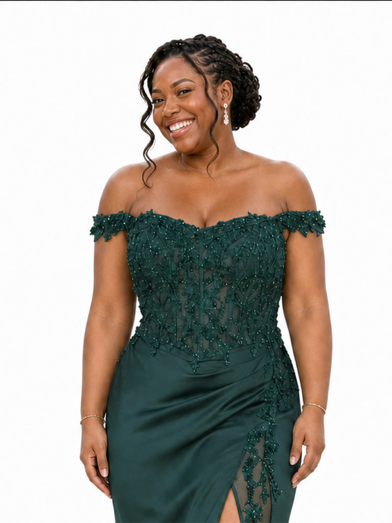 ChicSew Off Shoulder Side Slit Lace Appliques Mermaid Soft Satin Floor-Length Bridesmaid Dresses