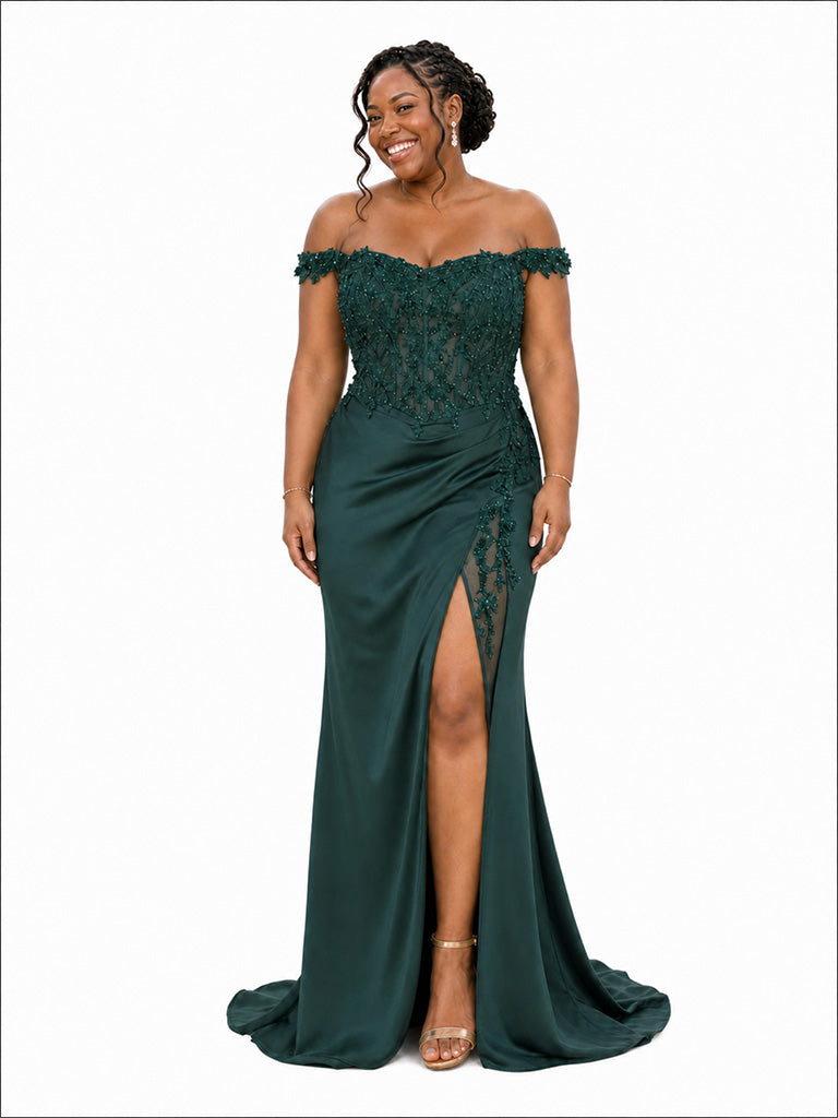 ChicSew Off Shoulder Side Slit Lace Appliques Mermaid Soft Satin Floor-Length Bridesmaid Dresses