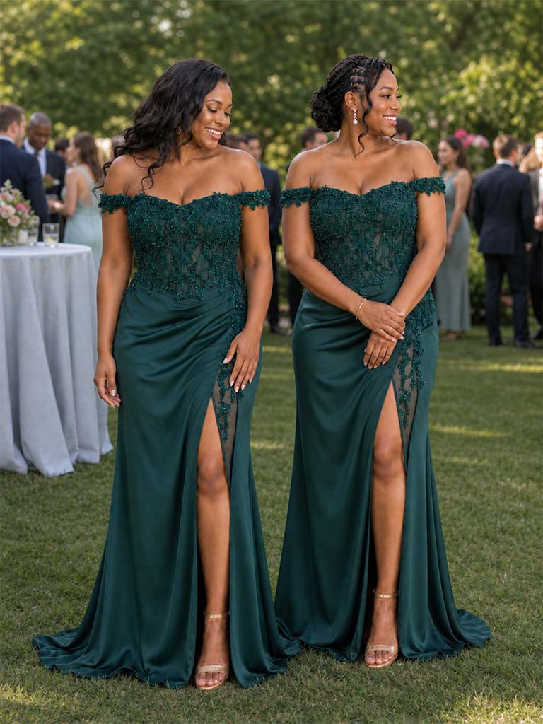 ChicSew Off Shoulder Side Slit Lace Appliques Mermaid Soft Satin Floor-Length Bridesmaid Dresses