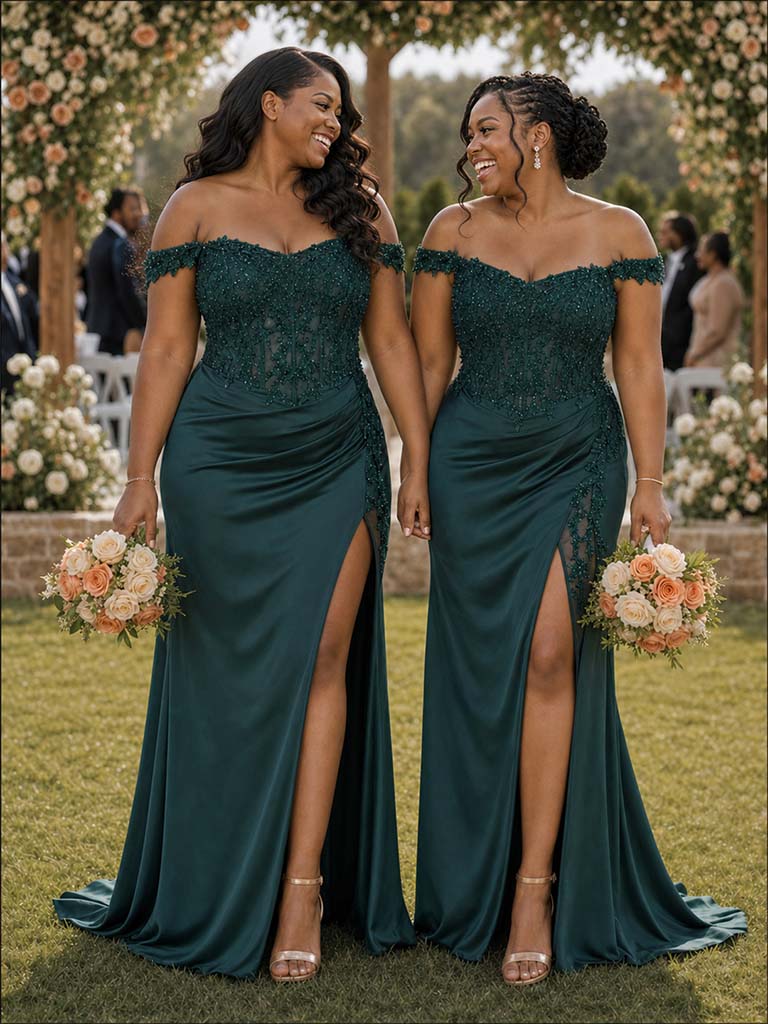 ChicSew Off Shoulder Side Slit Lace Appliques Mermaid Soft Satin Floor-Length Bridesmaid Dresses