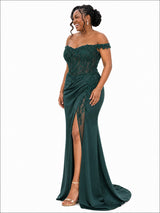 ChicSew Off Shoulder Side Slit Lace Appliques Mermaid Soft Satin Floor-Length Bridesmaid Dresses