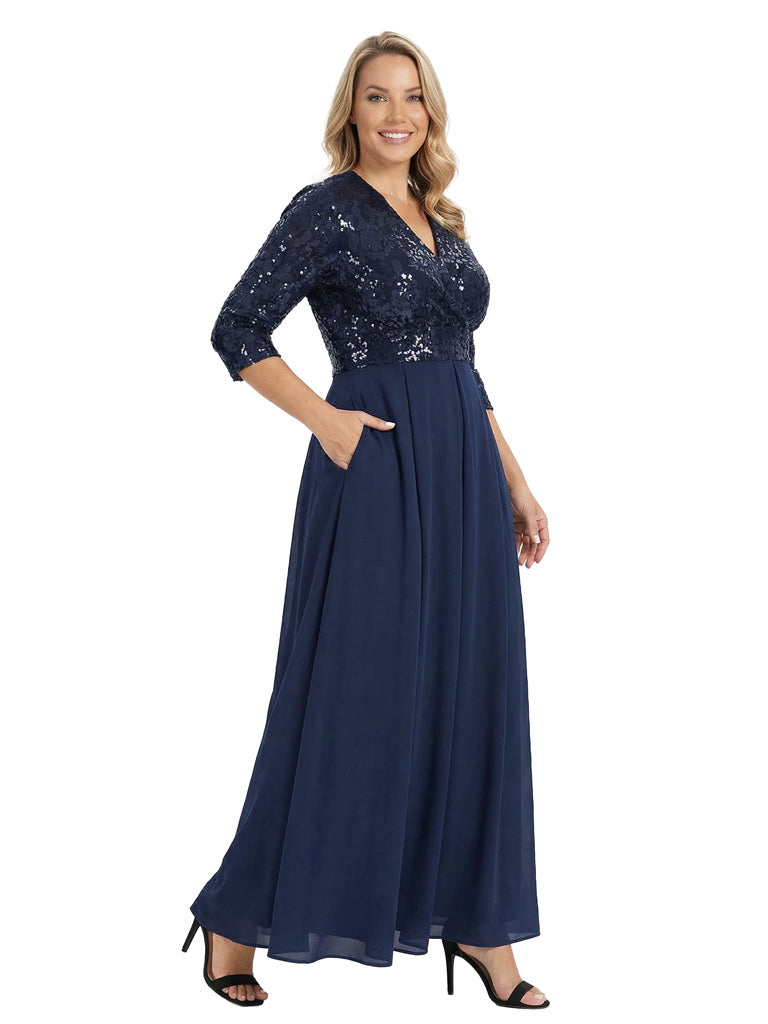Fancy V-Neck Sequin Chiffon A-Line Floor-Length Mother Of The Groom Gown With Pocket