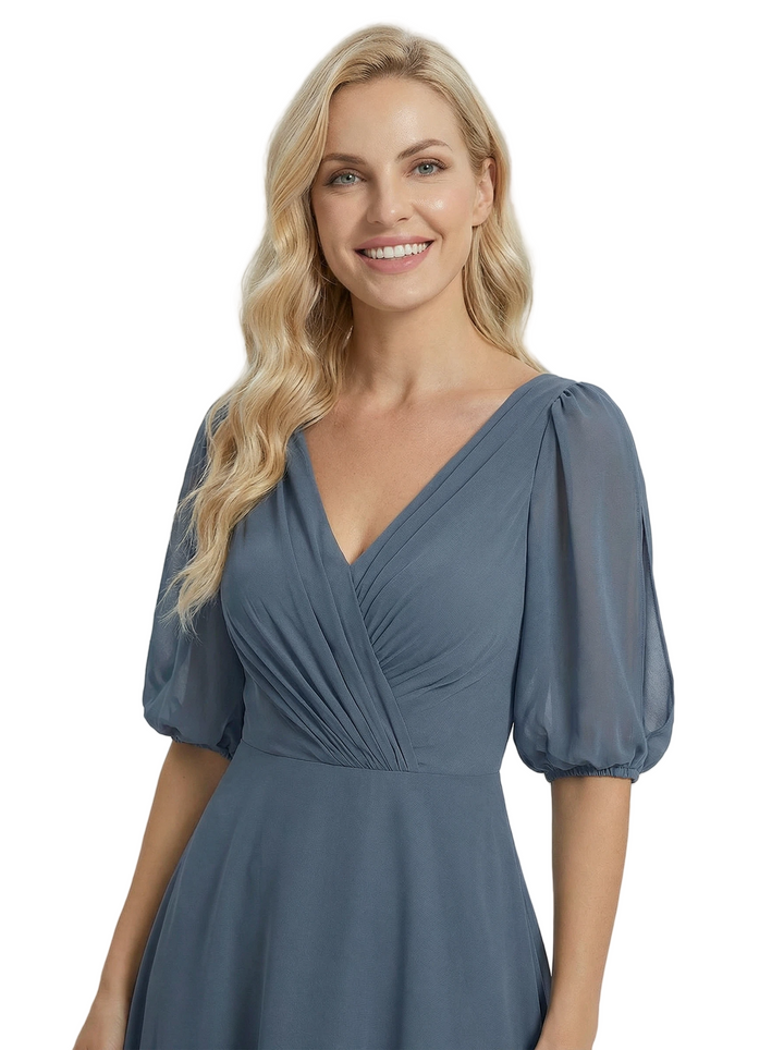 Unique Flutter Sleeves V-Neck Chiffon Ruched A-Line Maxi Dress For Mother Of The Bride