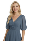 Unique Flutter Sleeves V-Neck Chiffon Ruched A-Line Maxi Dress For Mother Of The Bride