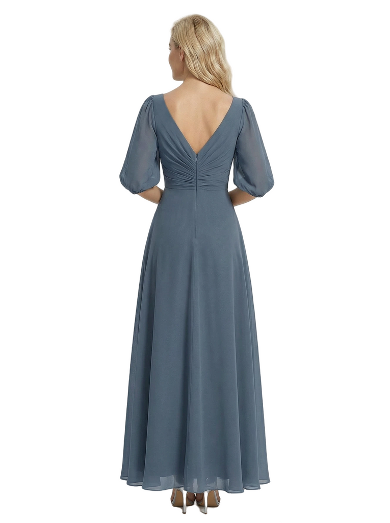 Unique Flutter Sleeves V-Neck Chiffon Ruched A-Line Maxi Dress For Mother Of The Bride