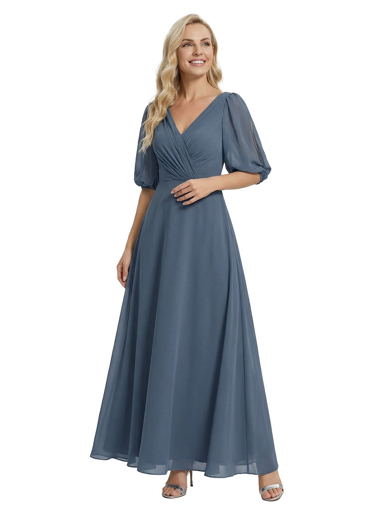 Unique Flutter Sleeves V-Neck Chiffon Ruched A-Line Maxi Dress For Mother Of The Bride