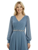 Beautiful V-Neck Long Sleeves Chiffon Pleated A-Line Beaded Long Mother Of The Bride Gown