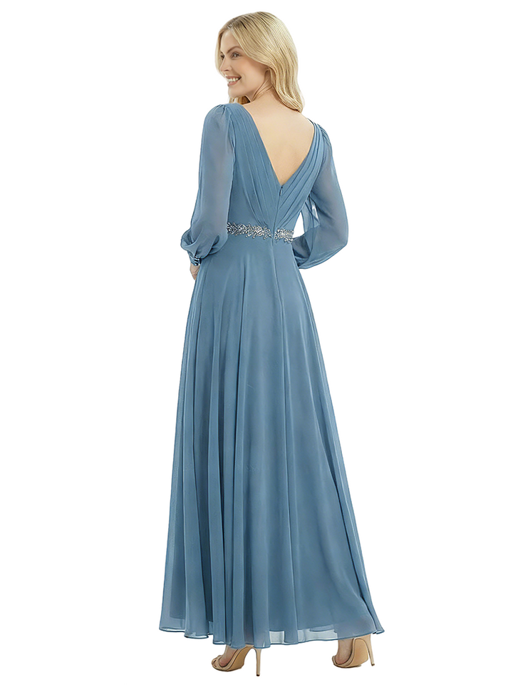 Beautiful V-Neck Long Sleeves Chiffon Pleated A-Line Beaded Long Mother Of The Bride Gown