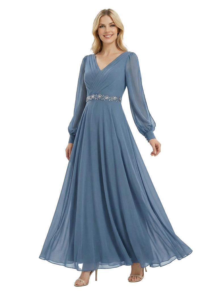 Beautiful V-Neck Long Sleeves Chiffon Pleated A-Line Beaded Long Mother Of The Bride Gown