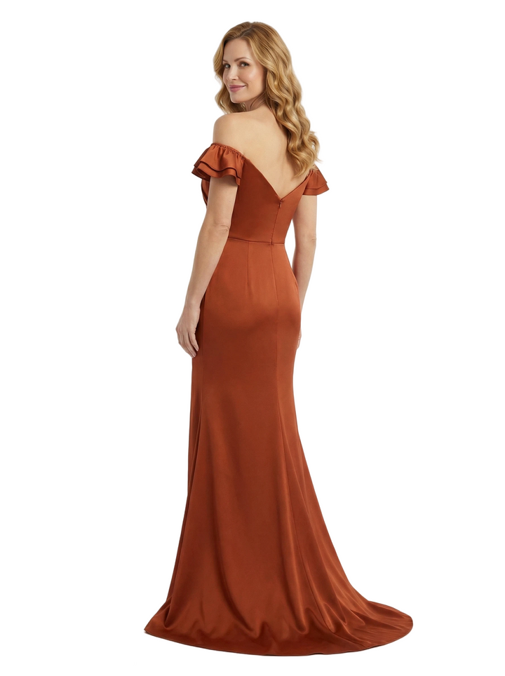 Stunning Off The Shoulder Ruched Silky Satin Mermaid Mother of the Groom Gown With Side Slit