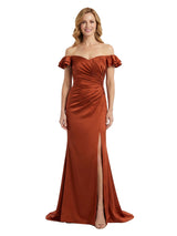Stunning Off The Shoulder Ruched Silky Satin Mermaid Mother of the Groom Gown With Side Slit
