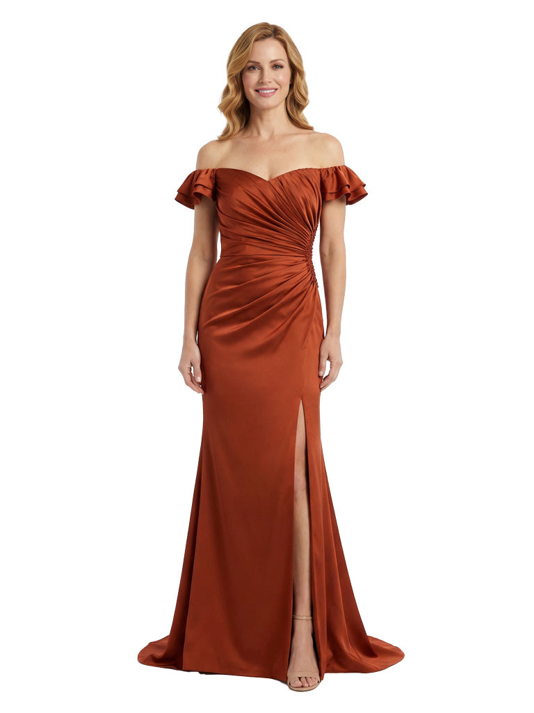 Stunning Off The Shoulder Ruched Silky Satin Mermaid Mother of the Groom Gown With Side Slit