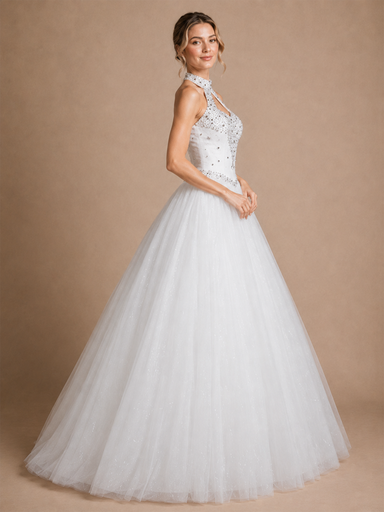 ChicSew Elegant High-Neck A-Line Glitter Tulle Rhinestone Floor-Length Wedding Dress