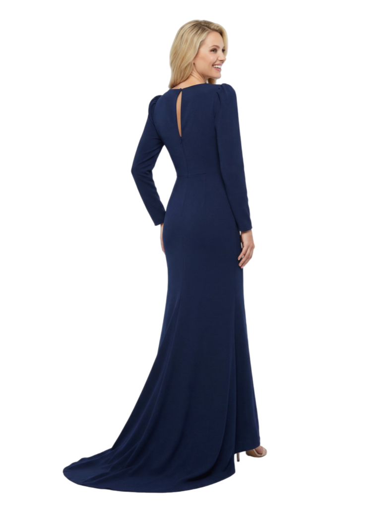 Chicsew Sophisticated Mother of The Groom Dress V-Neck Long Sleeves Ruffled Detail Fitted Train Jersey Fabric Timeless Elegant Formal Wedding Event Gown